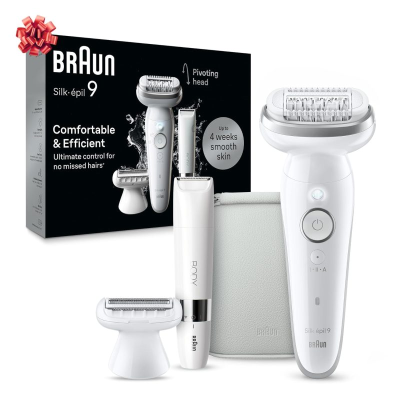 Braun Silk-épil 9 Epilator, Pivoting Head, Wet and Dry, Holiday Gifts for Women and Men Includes Body Trimmer, Shaver Head and Trimmer Comb,SES9-441