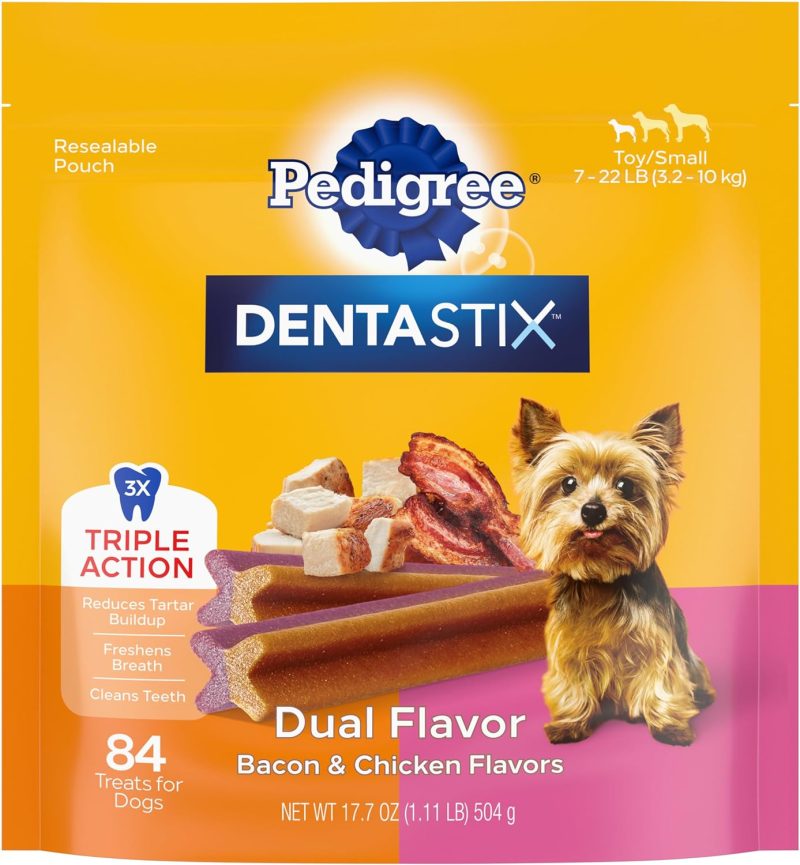 PEDIGREE DENTASTIX Dual Flavor Small Dog Dental Treats, Bacon & Chicken Flavors Dental Bones, 17.7 oz. Pack (84 Treats)
