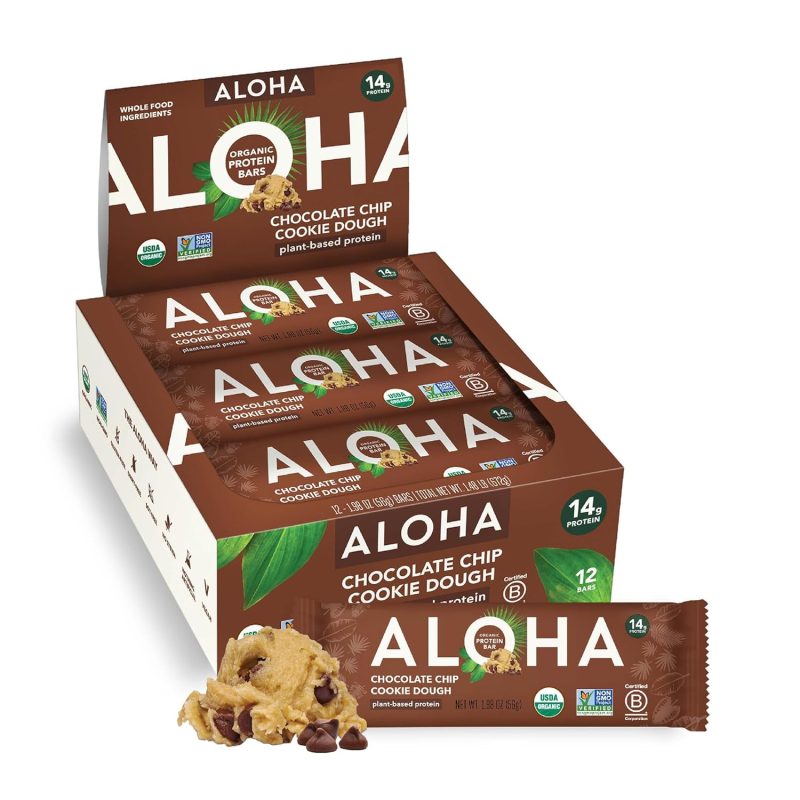 Aloha Organic Plant Based Protein Bars Chocolate Chip Cookie Dough, 1.98 Oz,(Pack of 12)