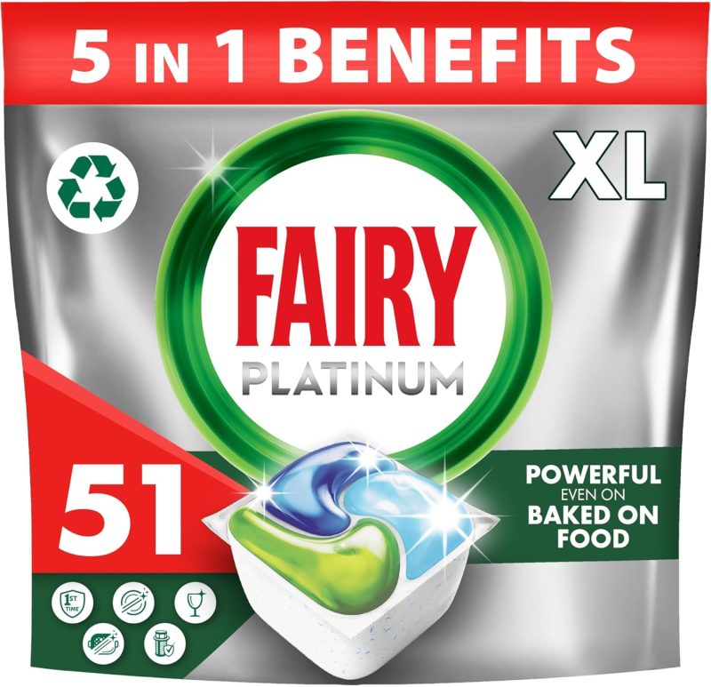 Fairy PlatinumAll-In-1 Dishwasher Tablets Bulk, 51 Tablets, Original, XL Pack, With Greasy Filter & Rinse Aid Action