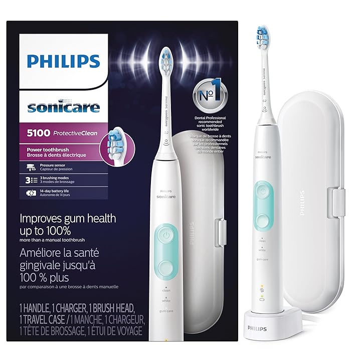 Philips SonicareProtectiveClean 5100 Rechargeable Electric Toothbrush, with Pressure Sensor, 3 Cleaning Modes, SmarTimer and QuadPacer, 14-Day Battery Life, Travel Case, White, Model HX6857/11