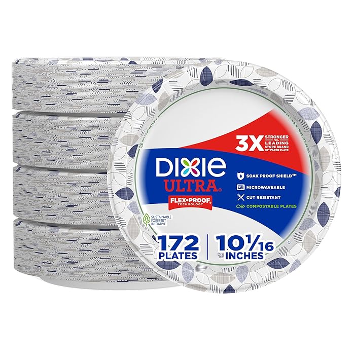 DixieUltra Paper Plates, 10 1/16 inch, Dinner Size Printed Disposable Plate, 172 Count (4 Packs of 43 Plates)