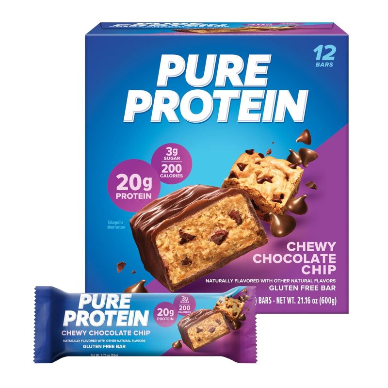 Pure Protein Bars, High Protein, Nutritious Snacks to Support Energy, Low Sugar, Gluten Free, Chewy Chocolate Chip, 1.76oz (Pack of 12)