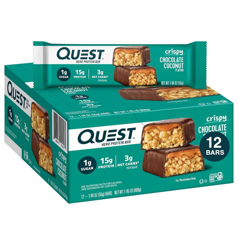 Quest Nutrition Crispy Chocolate Coconut Hero Protein Bar, 15g Protein, 1g Sugar, 3g Net Carbs, Gluten Free Protein Snack, Keto Friendly, 12 Count