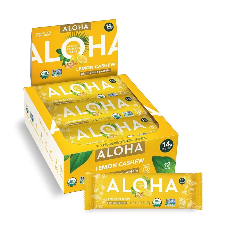 ALOHA Organic Plant Based Protein Bars - Lemon Cashew - 12-Count - Vegan, Low Sugar, Gluten-Free, Paleo, Low Carb, Non-GMO, No Stevia & No Erythritol