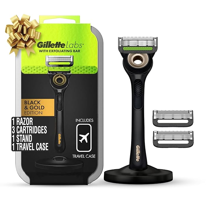 Gillette Labs with Exfoliating Bar by Gillette Mens Razor, Gold Edition, and Travel Case, Holiday Gifts for Men