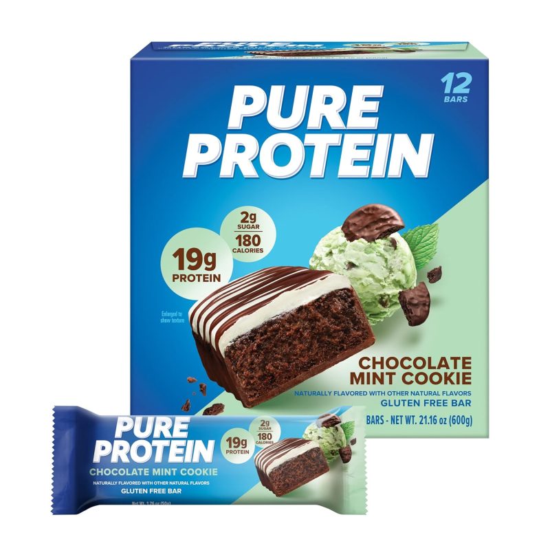 Pure Protein Bars, High Protein, Nutritious Snacks to Support Energy, Low Sugar, Gluten free, Chocolate Mint Cookie,1.76oz, 12 Count