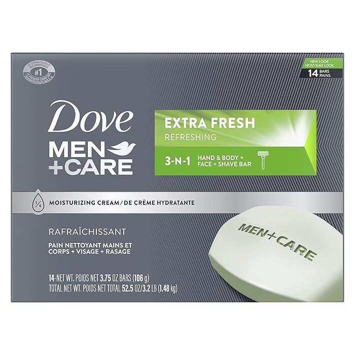 DOVE MEN + CAREBar 3 in 1 Cleanser for Body, Face, and Shaving to Clean and Hydrate Skin Extra Fresh Body and Facial Cleanser More Moisturizing Than Bar Soap 3.75 oz, 14 Count (Pack of 1)