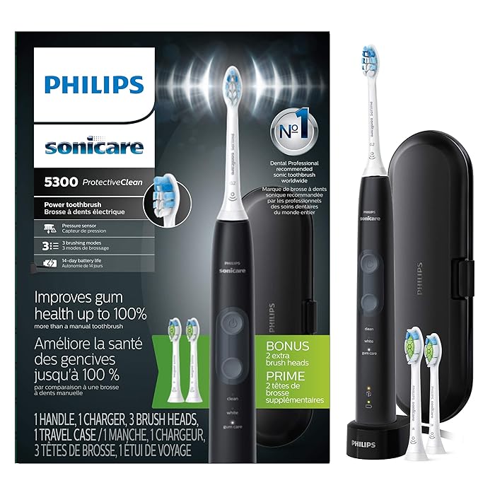 Philips SonicareProtectiveClean 5300 Rechargeable Electric Toothbrush, with Pressure Sensor, 3 Cleaning Modes, SmarTimer and QuadPacer, with 2 Bonus Brush Heads, Travel Case, Black, Model HX6423/34
