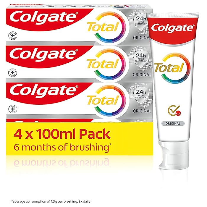 COLGATETotal Original Toothpaste 4x100ml | Stronger 24-hour bacterial defence* | Unique dual zinc antibacterial technology | 8 benefits for complete protection | Fresh breath