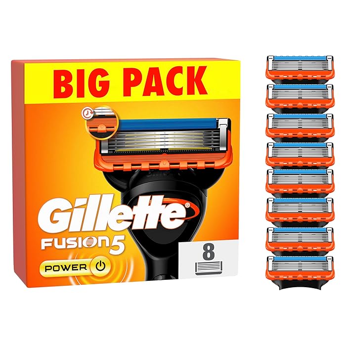 Gillette Fusion5 XL Power Razor Blades Men, Pack of 8 Razor Blade Refills with Precision Trimmer, 5 Anti-Friction Blades