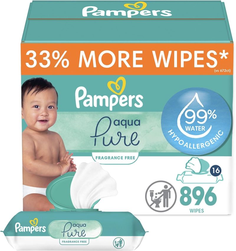 Pampers Aqua Pure Sensitive Baby Wipes, 99% Water, Hypoallergenic, Unscented Baby Wipes, 896 Baby Wipes Total (16 Flip-Top Packs)