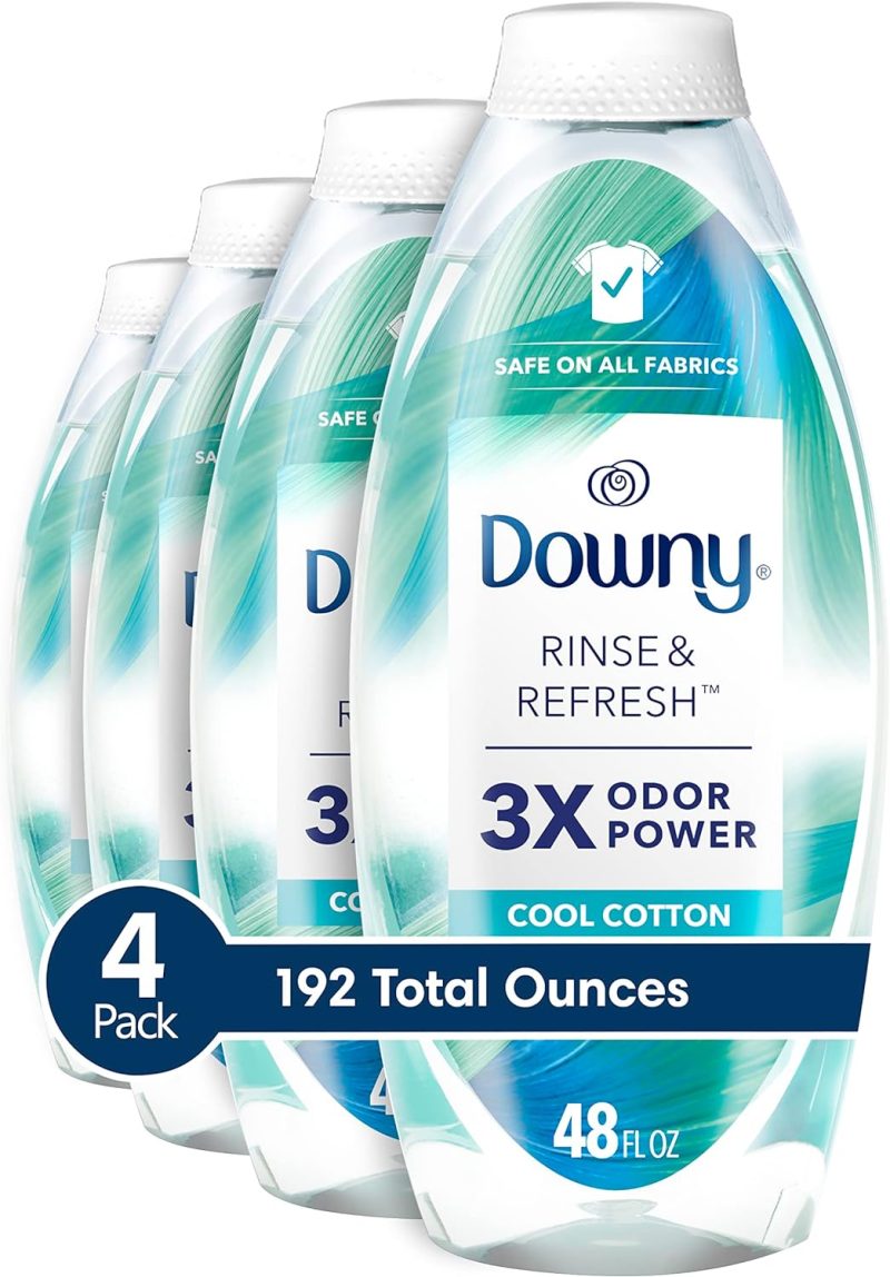 Downy RINSE & REFRESH Laundry Odor Remover and Fabric Softener, Safe on ALL Fabrics, Gentle on Skin, HE Compatible, Cool Cotton, 48 fl oz (Pack of 4)(192 fl oz total)
