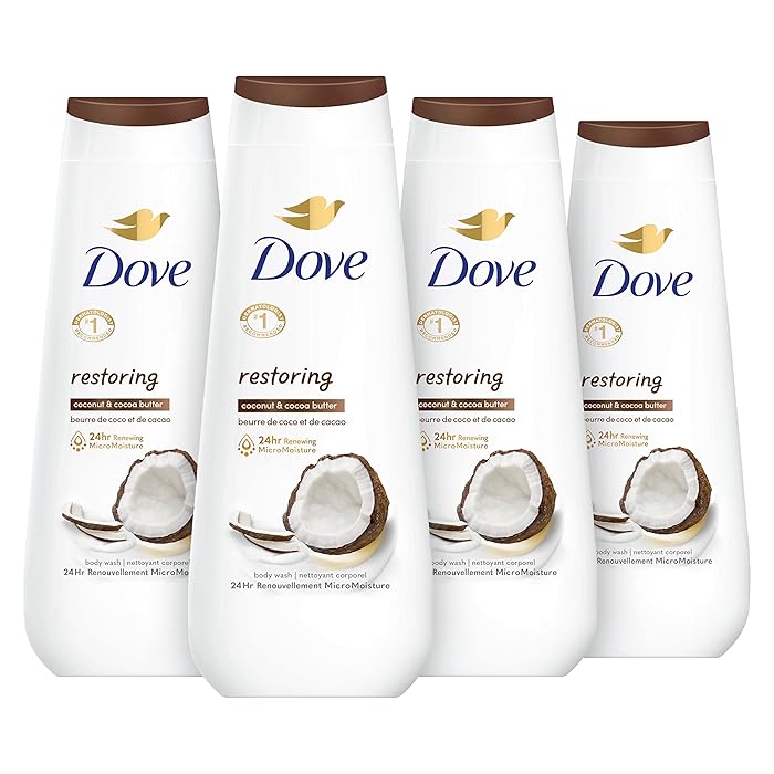 DoveBody Wash Restoring Coconut & Cocoa Butter 4 Count for Renewed, Healthy-Looking Skin Gentle Skin Cleanser That Effectively Washes Away Bacteria While Nourishing Your Skin 20 oz