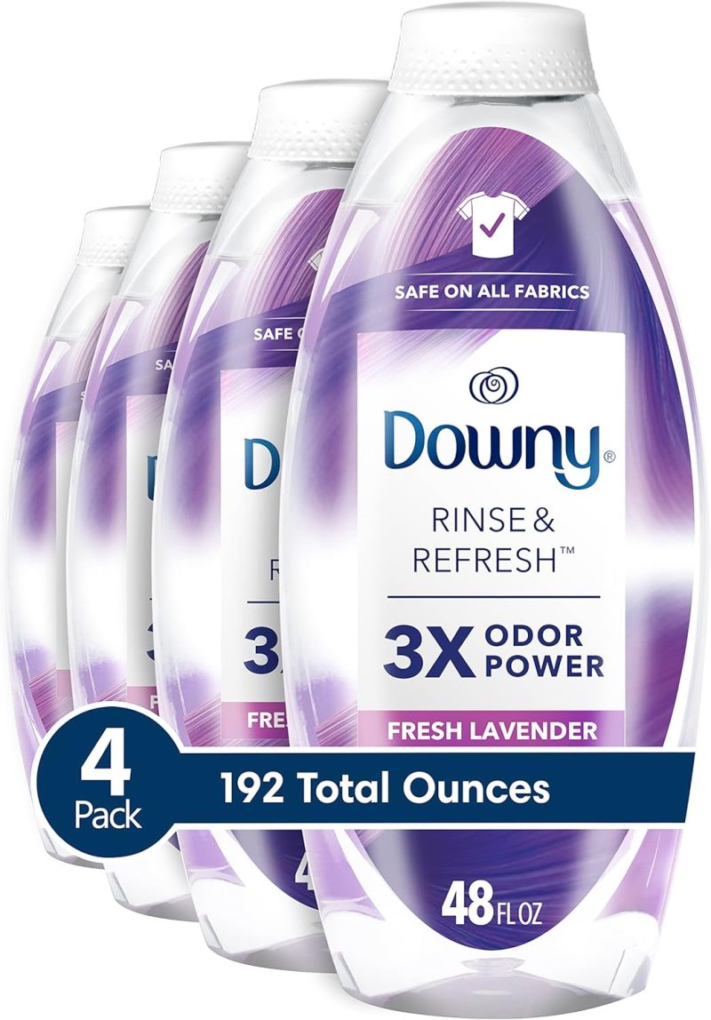 Downy RINSE & REFRESH Laundry Odor Remover and Fabric Softener, Safe on ALL Fabrics, Gentle on Skin, HE Compatible, Fresh Lavender, 48 fl oz (192 fl oz total)