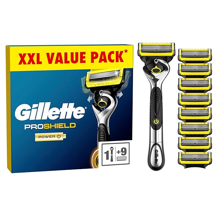 Gillette ProShield Power Men's Razor + 9 Razor Blade Refills with Precision Trimmer, 5 Anti-Friction Razor Blades