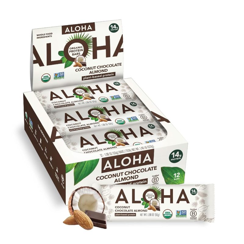 ALOHA Organic Plant Based Protein Bars - Chocolate Coconut Almond, Vegan, Low Sugar, Gluten-Free, Low Carb, Non-GMO, No Stevia, No Erythritol - 12 Count