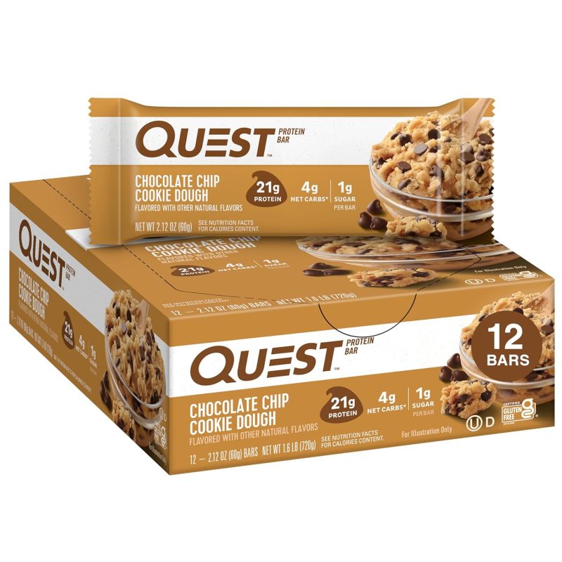 Quest Nutrition Chocolate Chip Cookie Dough Protein Bars, High Protein, Low Carb, Gluten Free, Keto Friendly, 12 Count (Packof 1)