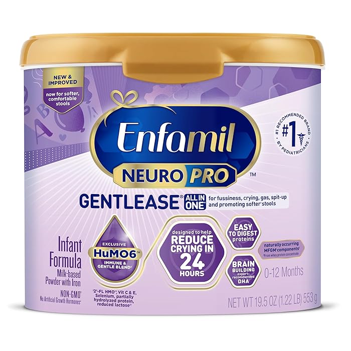 EnfamilNeuroPro Gentlease Baby Formula, Brain Building DHA, HuMO6 Immune Blend, Designed to Reduce Fussiness, Crying, Gas & Spit-up in 24 Hrs, has Prebiotics to Promote Softer Stools, Reusable Tub, 19.5 Oz