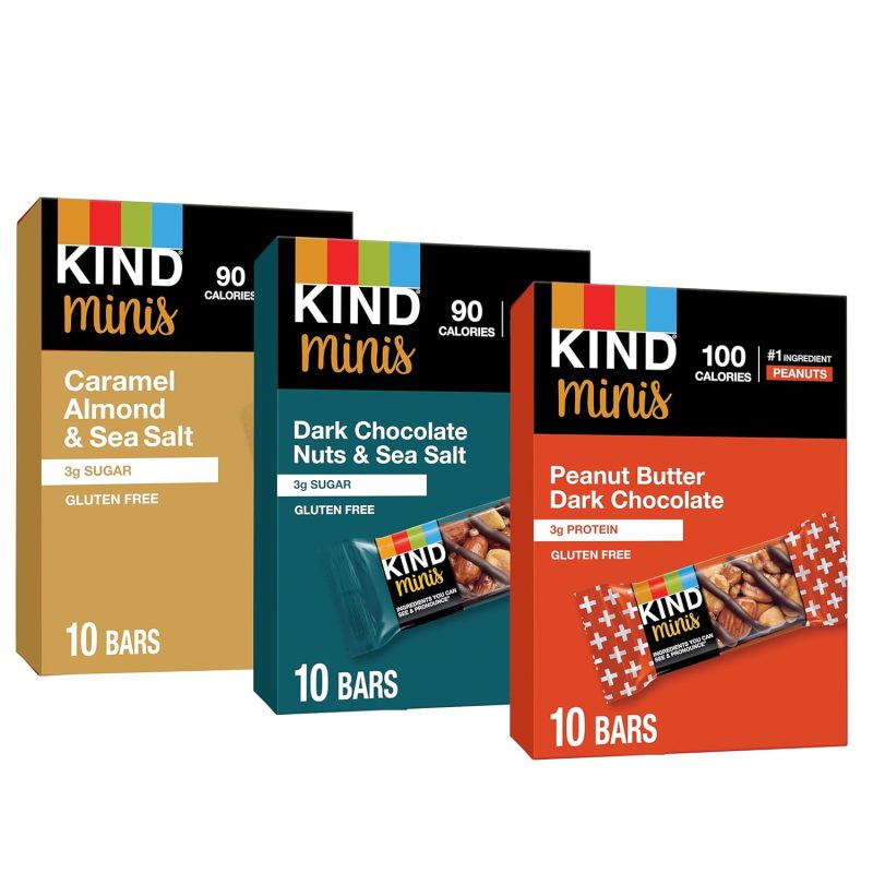 KIND Bar Minis, Variety Pack, Dark Chocolate Nuts and Sea Salt, Peanut Butter, Caramel Almond, Healthy Snacks, 3g Protein, Gluten Free, Low Sugar/Calorie Snacks, 30 Count