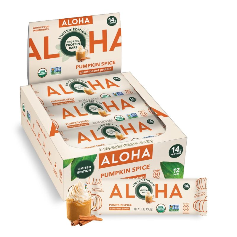 ALOHA Organic Plant Based Protein Bars - Pumpkin Spice, Vegan, Low Sugar, Gluten-Free, Low Carb, Non-GMO, No Stevia, No Erythritol - LIMITED EDITION, 12 Count