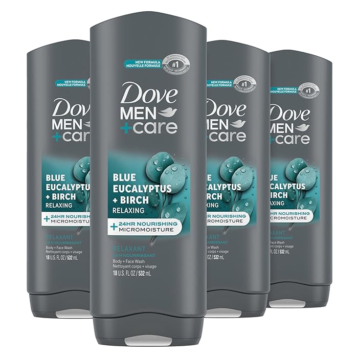 DOVE MEN + CAREMens Body Wash Blue Eucalyptus and Birch 4 Count Dry Skin Body Wash with Micromoisture, Effectively Washes Away Bacteria While Nourishing Your Skin, 18 oz