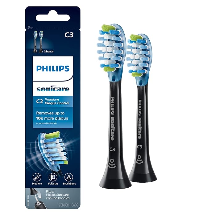 Philips Genuine C3 Premium Plaque Control Replacement Toothbrush Heads, 2 Brush Heads, Black, HX9042/95
