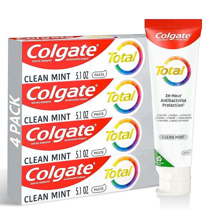 ColgateTotal Clean Mint Toothpaste, 10 Benefits, No Trade-Offs, Freshens Breath, Whitens Teeth and Provides Sensitivity Relief, Clean Mint Flavor, 4 Pack, 5.1 Oz Tubes