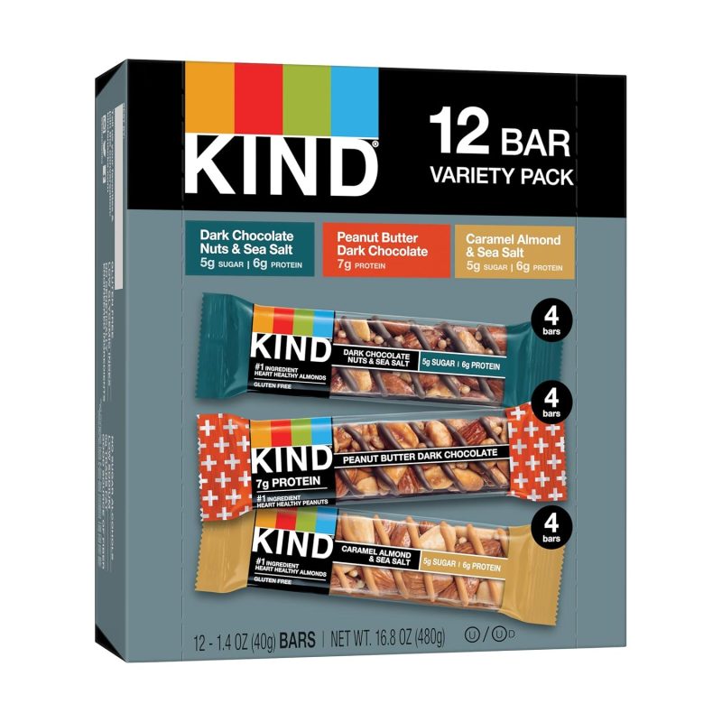 KIND Nut Bars Favorites Variety Pack, Dark Chocolate Nuts and Sea Salt, Peanut Butter Dark Chocolate, Caramel Almond and Sea Salt, Up to 7g Protein, 12 Count