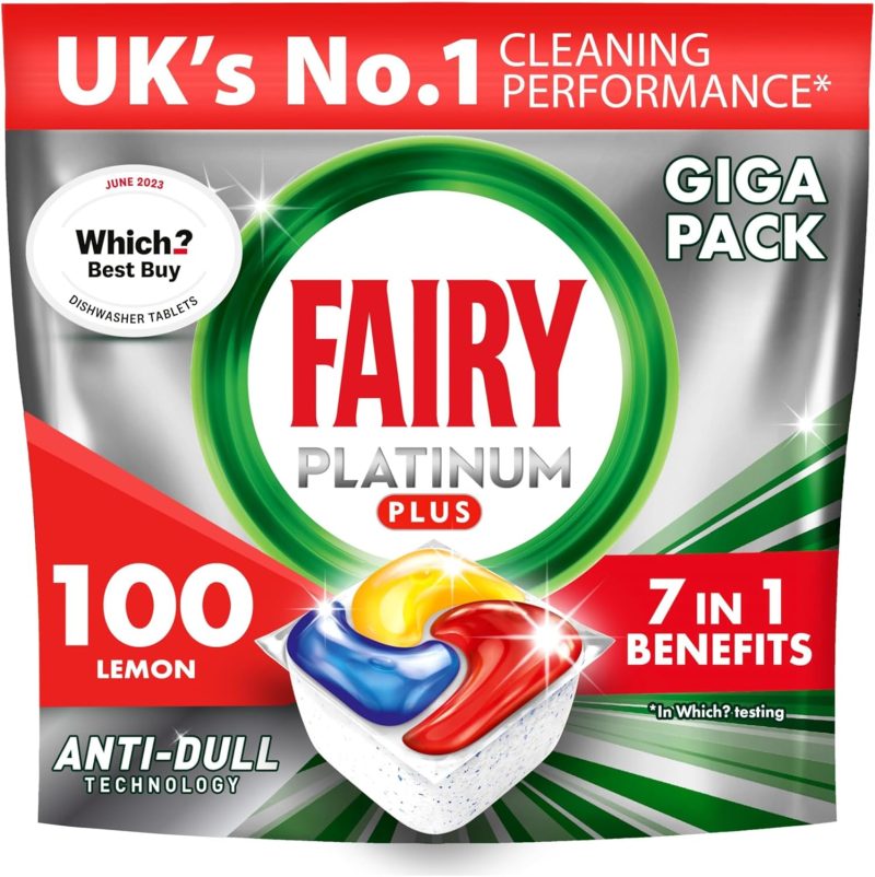 Fairy Platinum Plus All-In-One Dishwasher Tablets Bulk, Fairy Dishwasher Tablets Platinum Plus, Lemon, 100 Tablets (20 x 5), Dish Washing Tablets