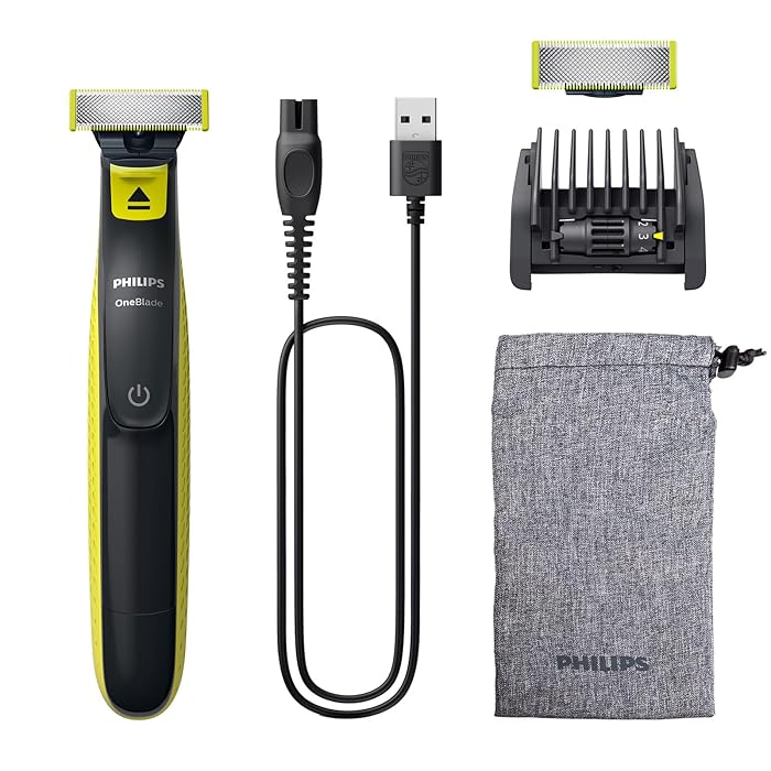 PHILIPS OneBlade Face, Authentic Hybrid Electric Beard Trimmer & Shaver. Incl. 1x Original Blade, 1 x Extra Original Blade (8 Month Supply), 5-in-1 Adjustable Comb, 1x Soft Pouch, Model QP2724/30