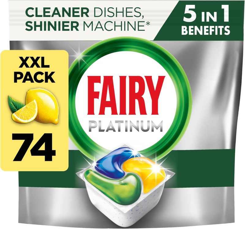 Fairy Platinum All-In-1 Dishwasher Tablets Bulk, Fairy Dishwasher Tablets Platinum Plus, 74 Tablets, Lemon, With Greasy Filter & Rinse Aid Action