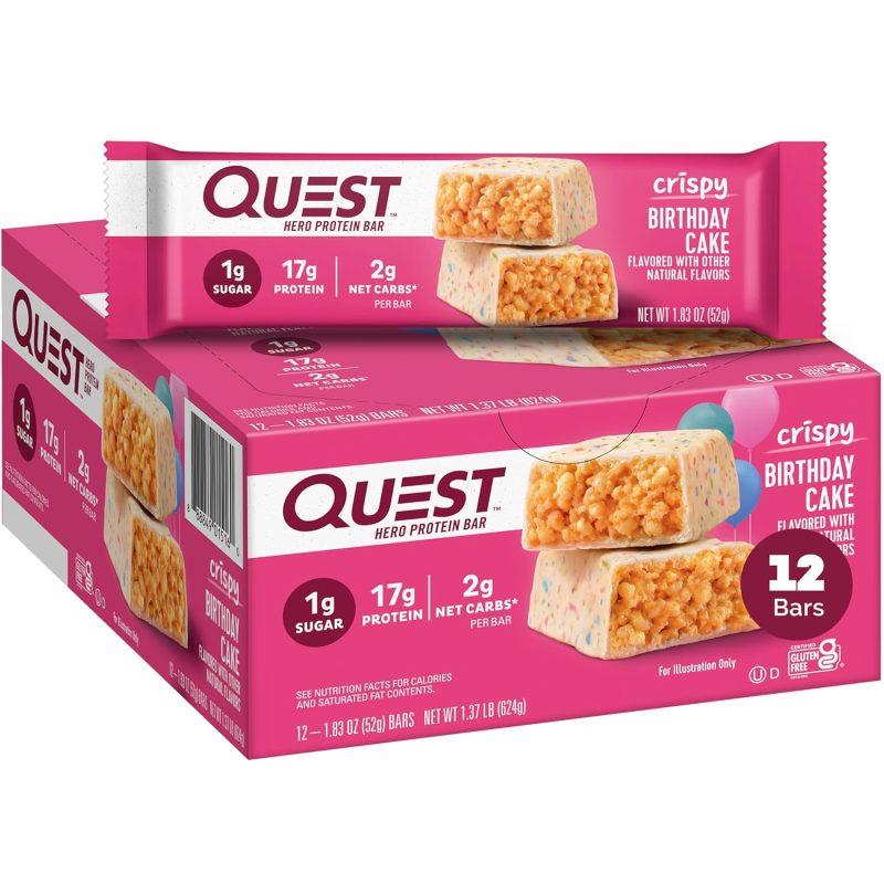 Quest Nutrition Crispy Birthday Cake Hero Protein Bar, 17g Protein, 1g Sugar, 2g Net Carbs, Gluten Free Protein Snack, Keto Friendly, 12 Count