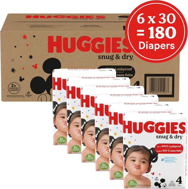 Huggies Size 4 Diapers, Snug & Dry Baby Diapers, Size 4 (22-37 lbs), 180 Count