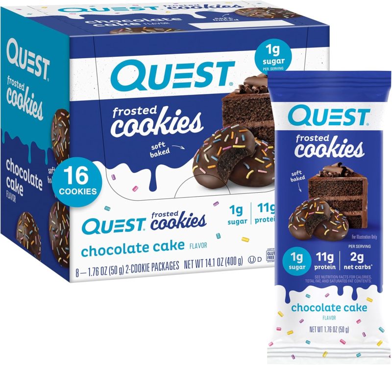 Quest Nutrition Frosted Cookies Twin Pack, Chocolate Cake, 1g Sugar, 11g Protein, 2g Net Carbs, Gluten Free, 16 Cookies