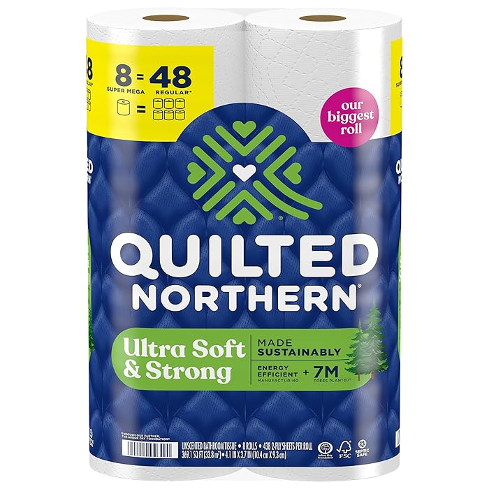 Quilted Northern Ultra Soft & Strong Toilet Paper, 8 Super Mega Rolls = 48 Regular Rolls, 5X Stronger*, Premium Soft Toilet Tissue