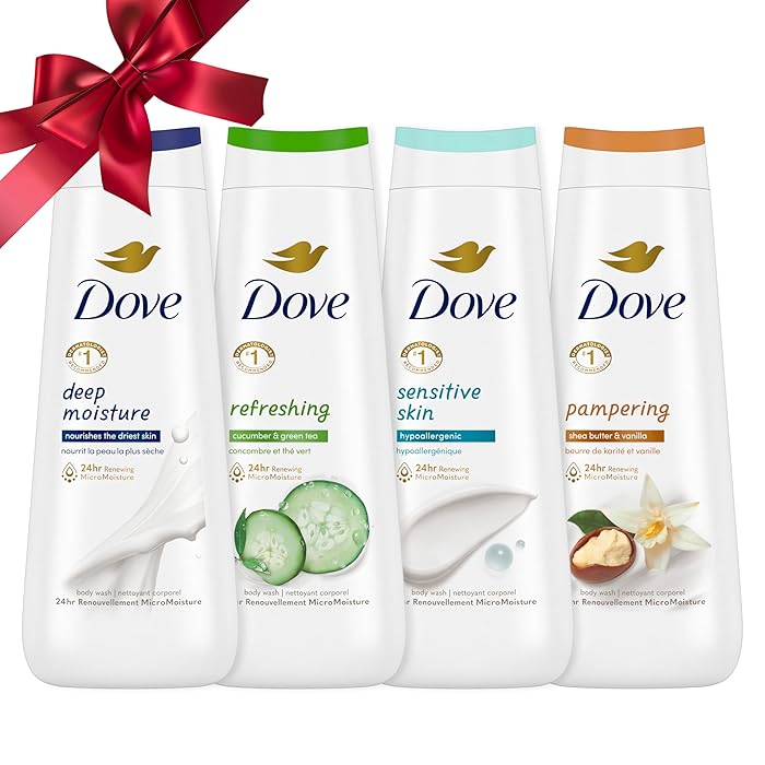 DoveBody Wash Deep Moisture, Sensitive Skin, Cucumber and Green Tea, and Shea Butter & Vanilla Collection 4 Count Skin Cleanser with 24hr Renewing MicroMoisture 20 oz