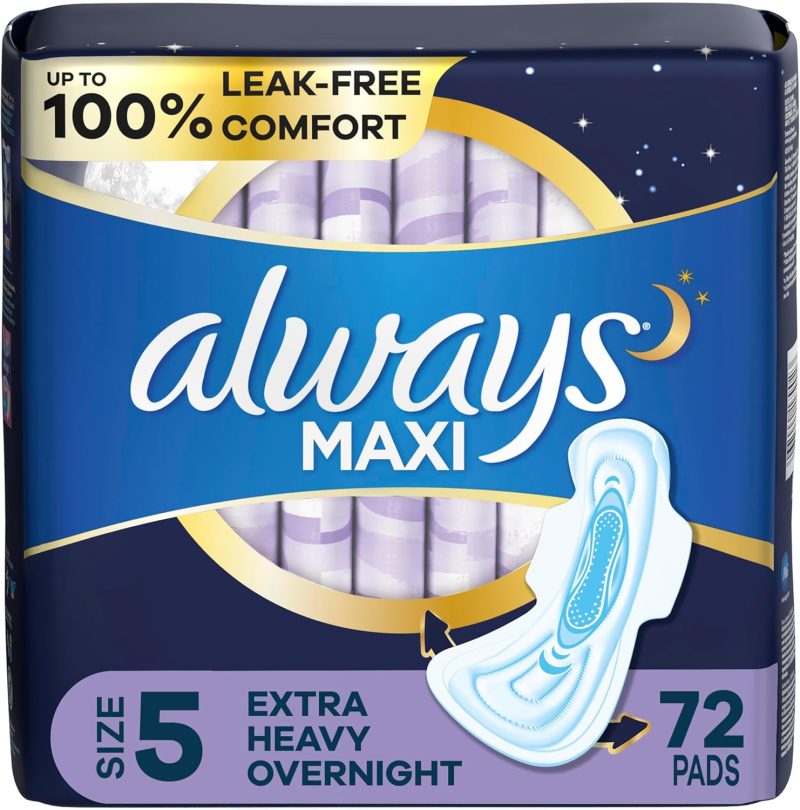 Always Maxi Overnight Pads with Wings, Size 5, Extra Heavy Overnight, Unscented, 72 Count