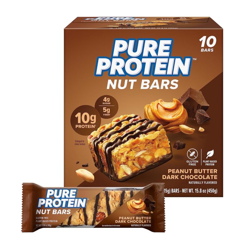 Pure Protein Nut Bars, Peanut Butter Dark Chocolate, 10g Protein, Gluten Free, Low Sugar, 1.65 oz, 10 Pack