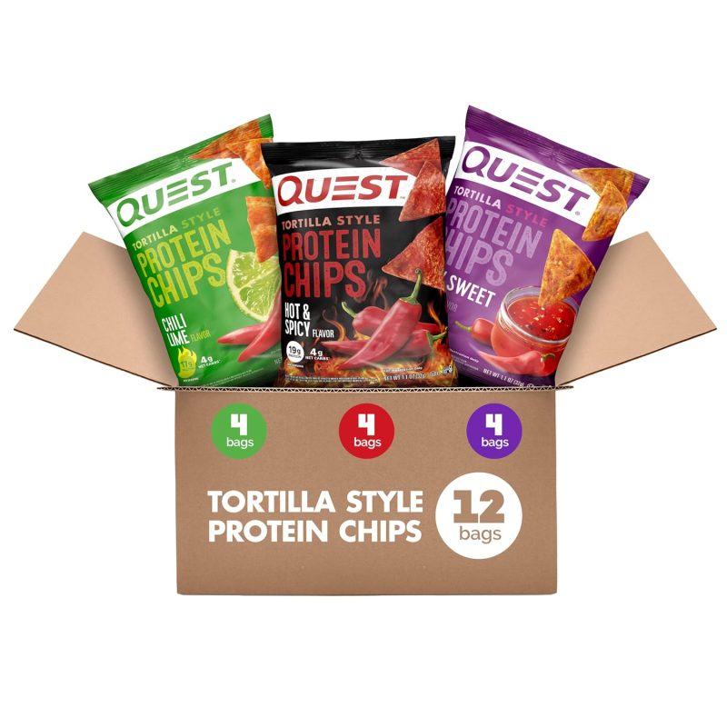 Quest Nutrition Tortilla Style Protein Chips Variety Pack, Chili Lime, Hot & Spicy, & Spicy Sweet Chili, 12 Count (3 Each Flavor) (Packof 1)