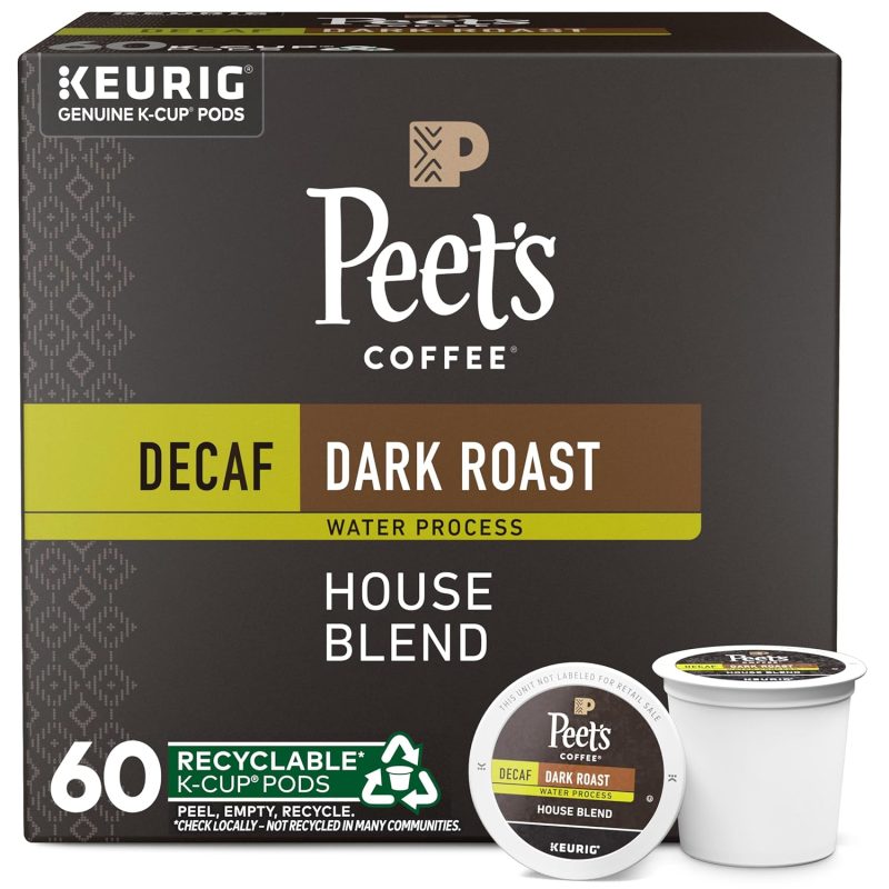 Peet's Coffee, Dark Roast Decaffeinated Coffee K-Cup Pods for Keurig Brewers - Decaf House Blend 60 Count (6 Boxes of 10 K-Cup Pods)