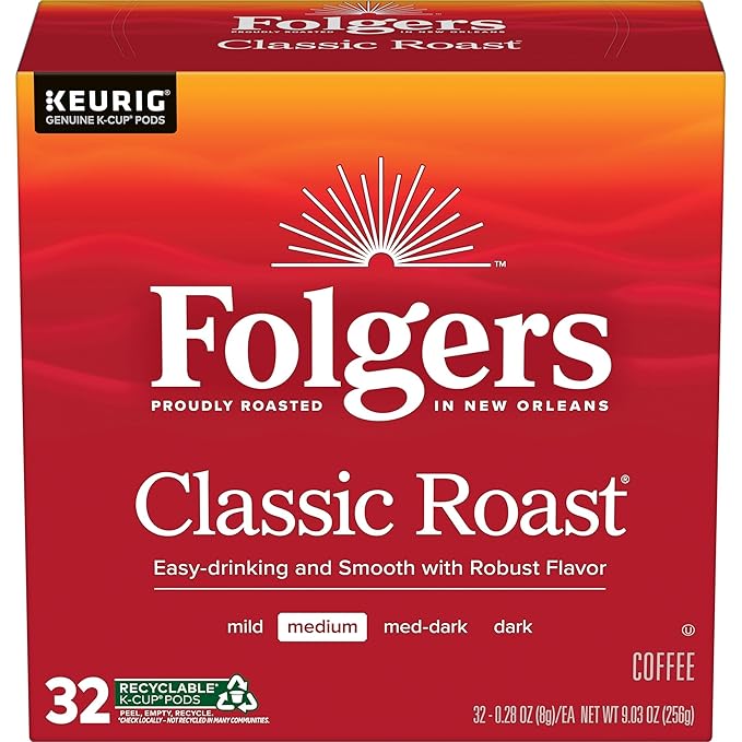 Folgers Classic Roast Coffee, Medium Roast, 32 Keurig K-Cup Pods