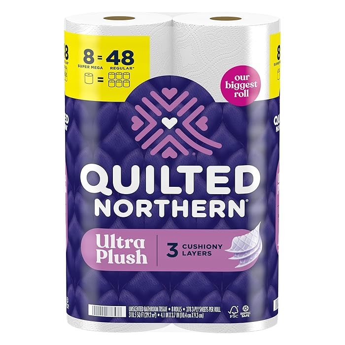 Quilted Northern Ultra Plush Toilet Paper, 8 Super Mega Rolls = 48 Regular Rolls, 3X Thicker*, 3 Ply Soft Toilet Tissue