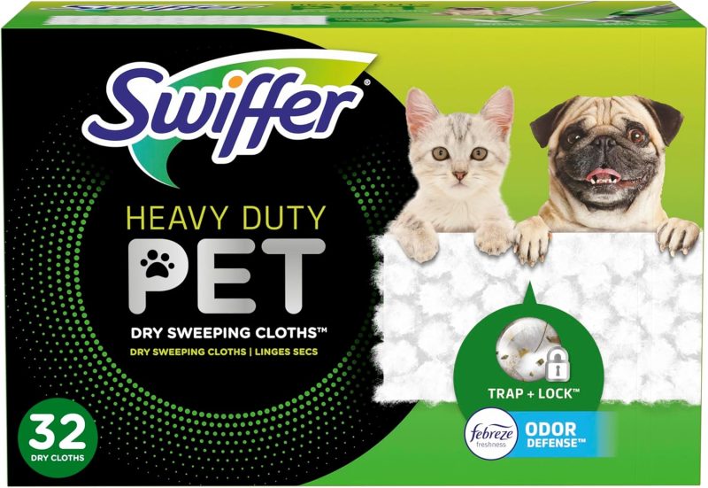 Swiffer Sweeper Pet, Heavy Duty Dry Sweeping Cloth Refills with Febreze Odor Defense, Floor Cleaning, 32 Count