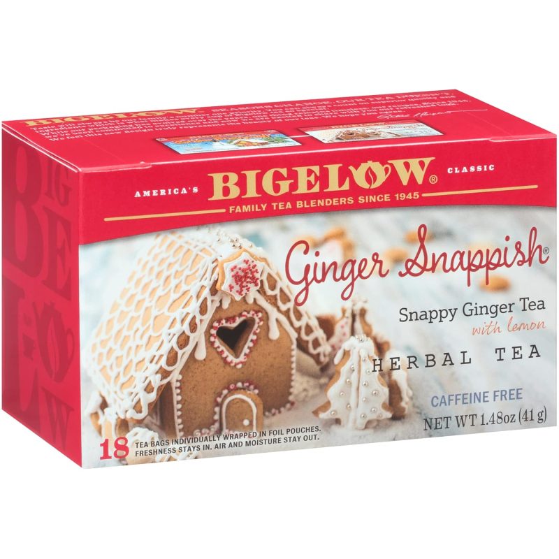 Bigelow Tea Ginger Snappish Herbal Tea, Caffeine Free Tea with Ginger and Lemon, Holiday and Christmas Tea, 18 Count Box (Pack of 6), 108 Total Tea Bags