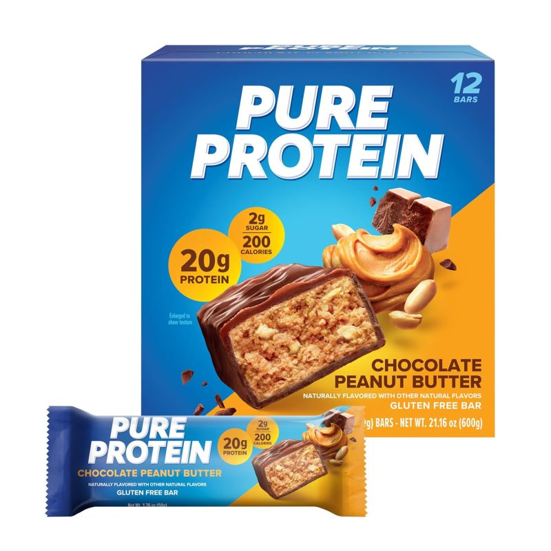 Pure Protein Bars, High Protein, Nutritious Snacks to Support Energy, Low Sugar, Gluten Free, Chocolate Peanut Butter, 1.76oz, 12 Count