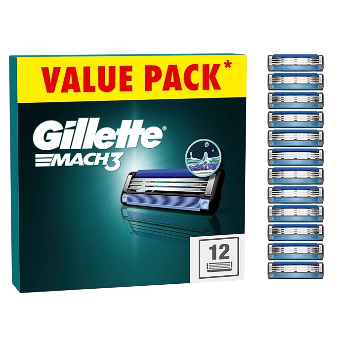GilletteMach3 Razor Blades Men, Pack of 12 Razor Blade Refills, Stronger Than Steel Blades, Enhanced Lubrastrip, XXL