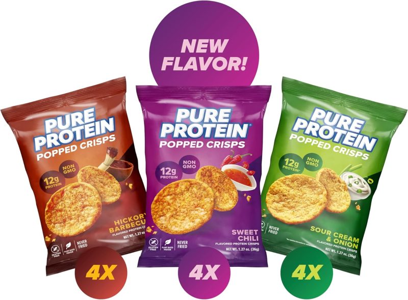 Pure Protein Popped Crisps, High Protein Snack, 12G Protein, Variety Pack: Hickory Barbecue, Sour Cream & Onion, Sweet Chili, 12 Count