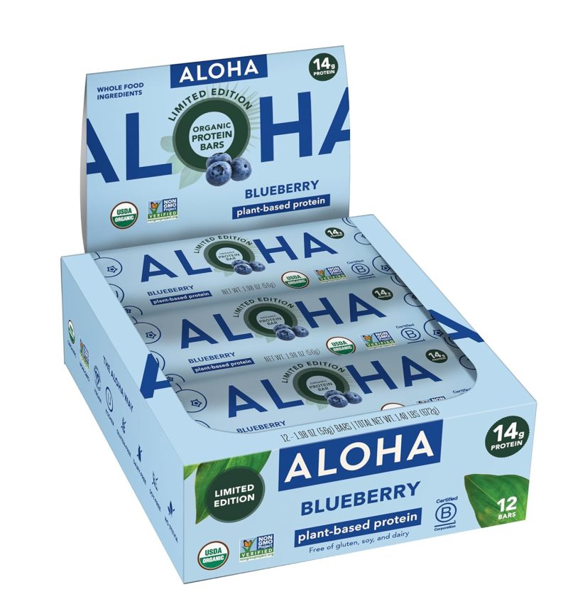 ALOHA Organic Plant Based Protein Bars - Blueberry Bars, Vegan, Low Sugar, Gluten-Free, Low Carb, Non-GMO, No Stevia, No Erythritol - 12 Count