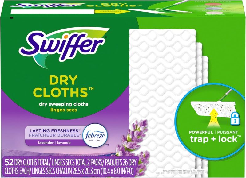 Swiffer Sweep + Mop, Dry Pads Refill, Floor Cleaner for Dirt, Dust, Hair, Cleaning Cloths for Mopping Home, Bathroom, Kitchen, Dust Mop, Floor Duster, Lavender, 52ct